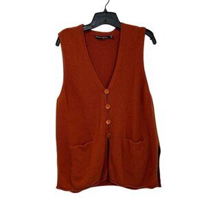 Gudrun Sjoden 100% Wool Knit Vest Size L Rust Orange Button Front Lagenlook